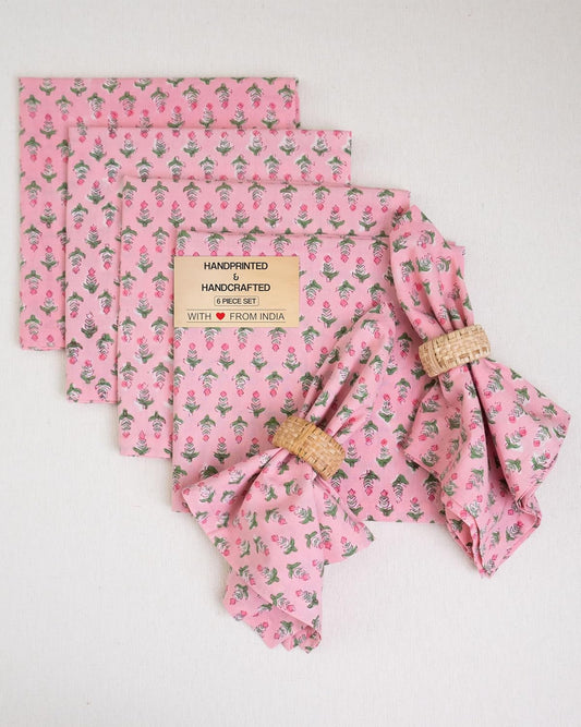 Cotton Print Dinner Napkins 18x18 inches - Washable Cloth Napkins Set of 6 - Everyday Use or Dinner Party and Events - Pink Block Printed Soft Fabric by Craftbot