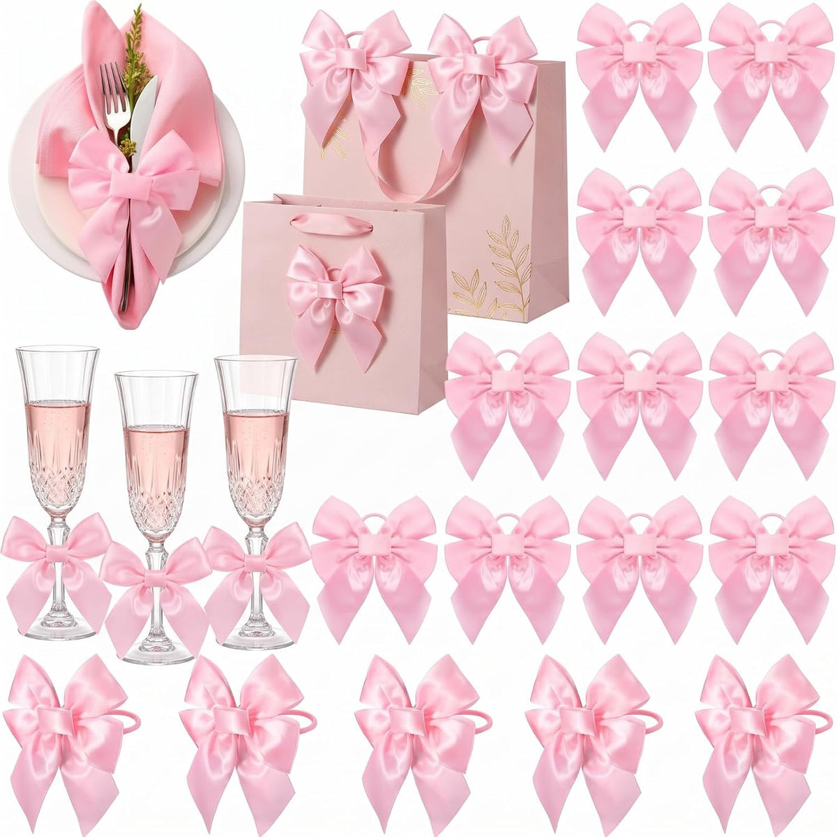 25 Pcs Pink Bow Napkin Rings Velvet Holders for Wedding Dinner
