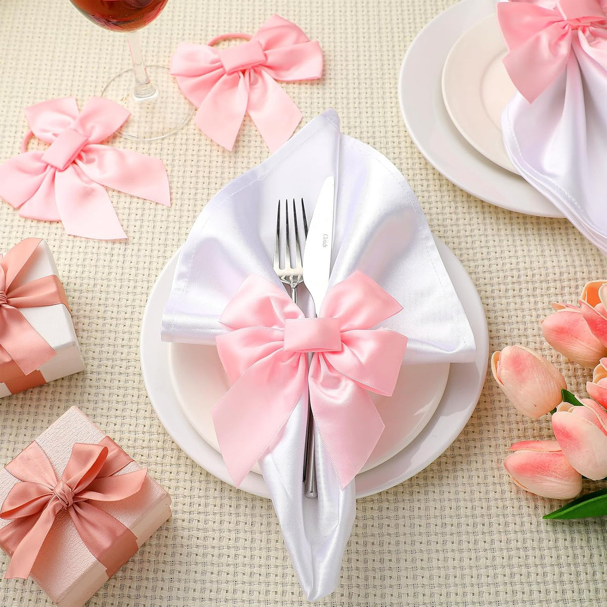 25 Pcs Pink Bow Napkin Rings Velvet Holders for Wedding Dinner
