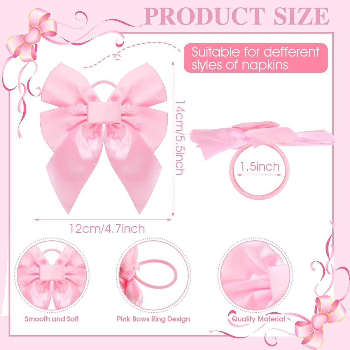 25 Pcs Pink Bow Napkin Rings Velvet Holders for Wedding Dinner