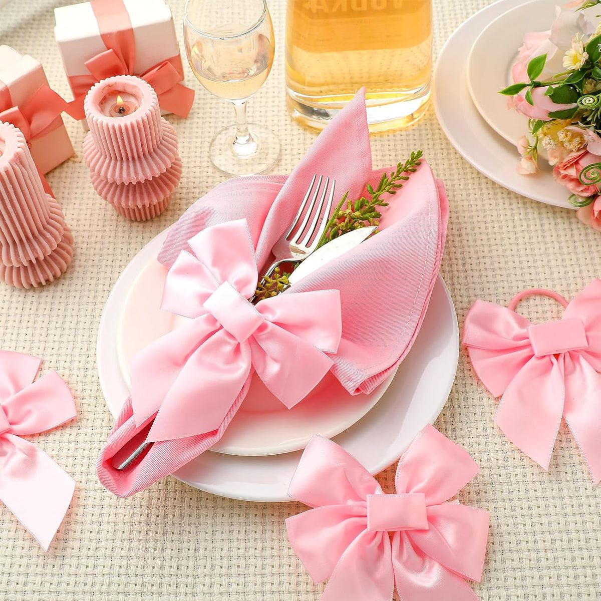 25 Pcs Pink Bow Napkin Rings Velvet Holders for Wedding Dinner