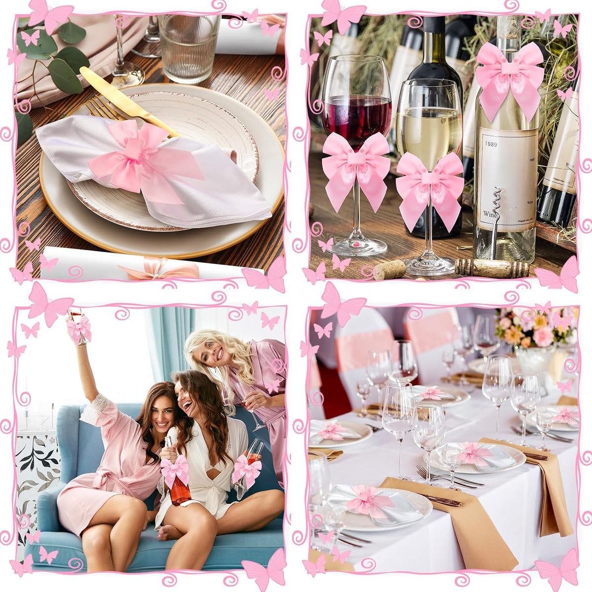 25 Pcs Pink Bow Napkin Rings Velvet Holders for Wedding Dinner