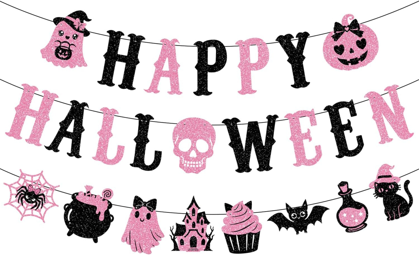 Pink Black Glittery Happy Halloween Banner Pink Halloween Party Decorations