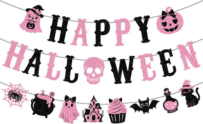 Pink Black Glittery Happy Halloween Banner Pink Halloween Party Decorations