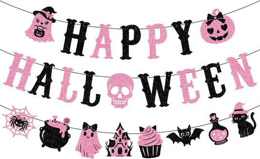 Pink Black Glittery Happy Halloween Banner Pink Halloween Party Decorations
