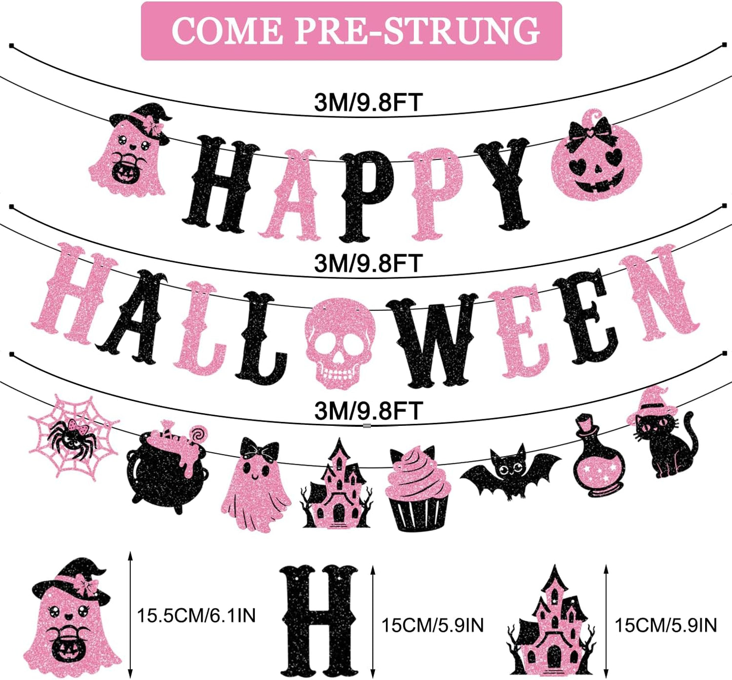 Pink Black Glittery Happy Halloween Banner Pink Halloween Party Decorations