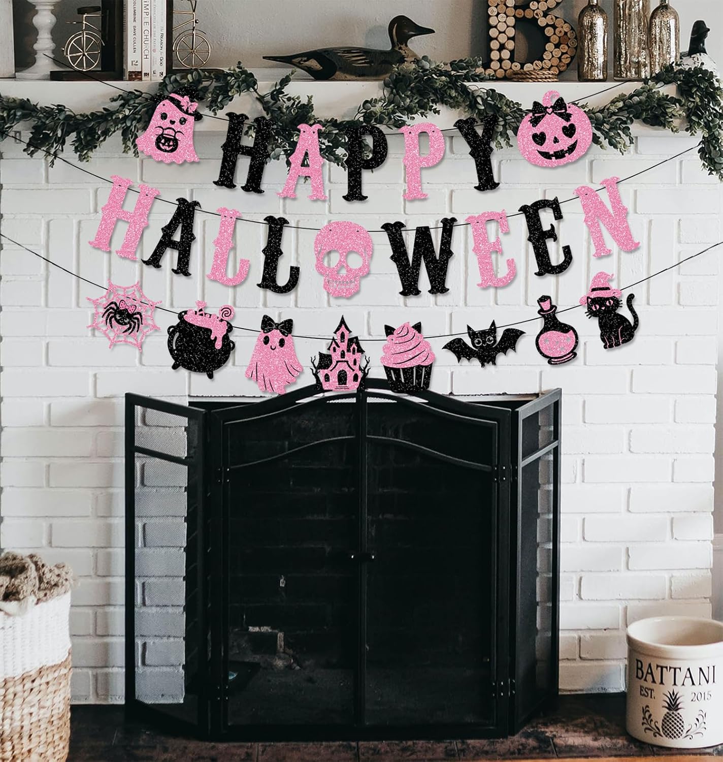 Pink Black Glittery Happy Halloween Banner Pink Halloween Party Decorations
