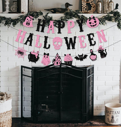 Pink Black Glittery Happy Halloween Banner Pink Halloween Party Decorations
