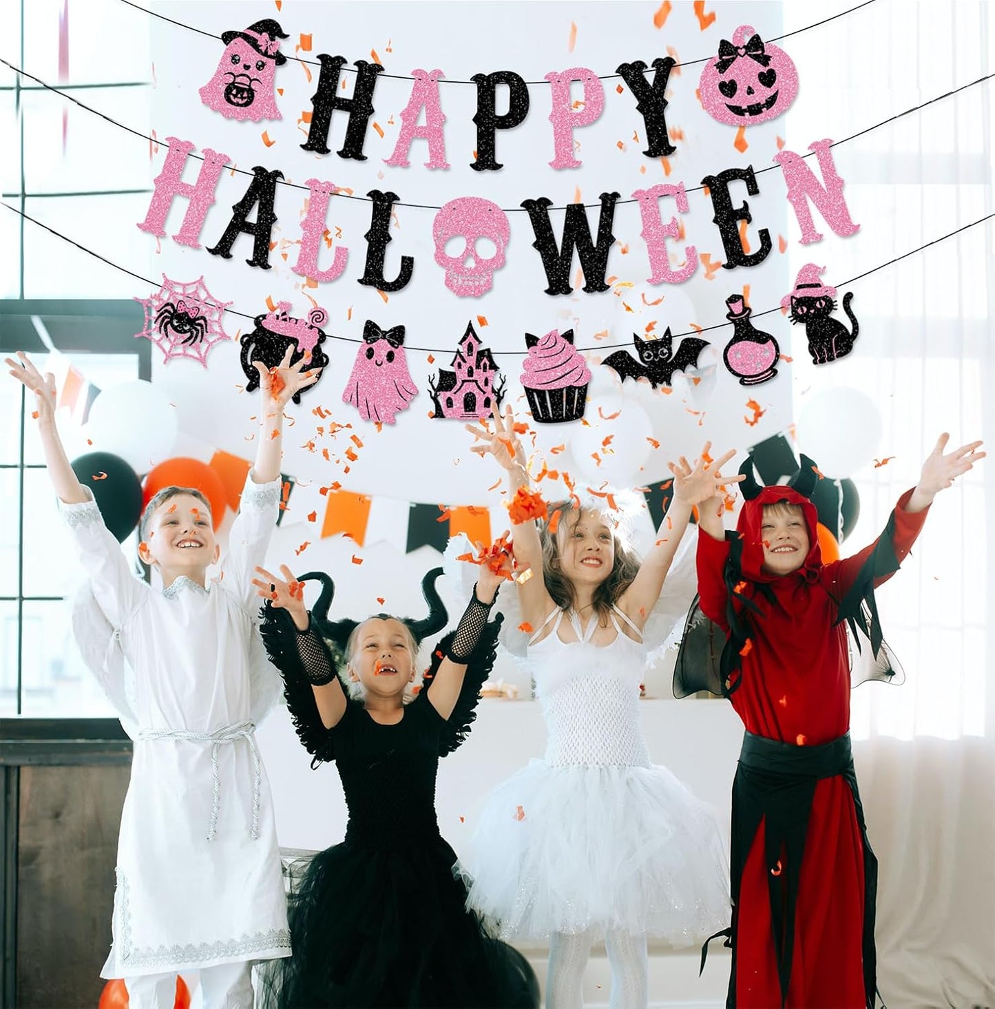Pink Black Glittery Happy Halloween Banner Pink Halloween Party Decorations