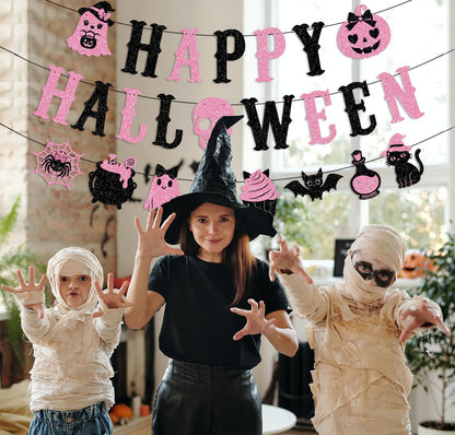 Pink Black Glittery Happy Halloween Banner Pink Halloween Party Decorations