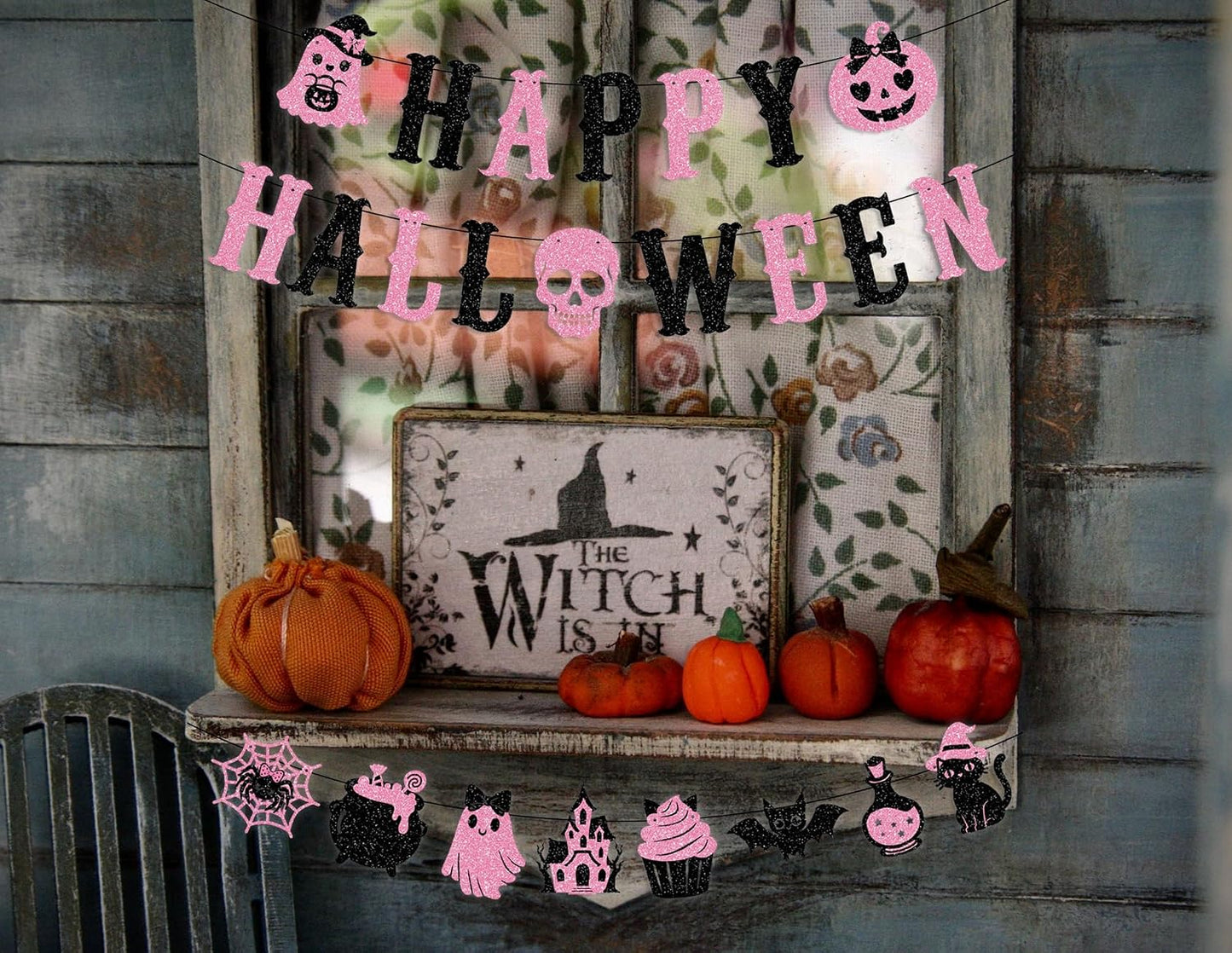 Pink Black Glittery Happy Halloween Banner Pink Halloween Party Decorations