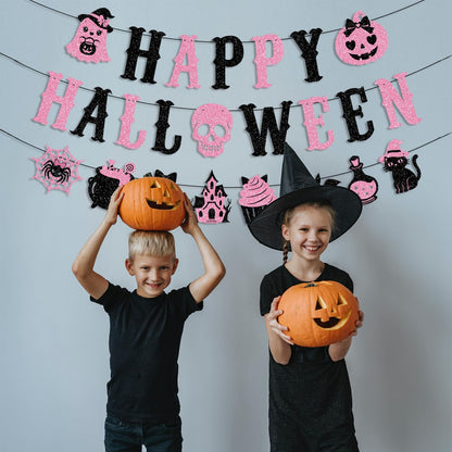 Pink Black Glittery Happy Halloween Banner Pink Halloween Party Decorations