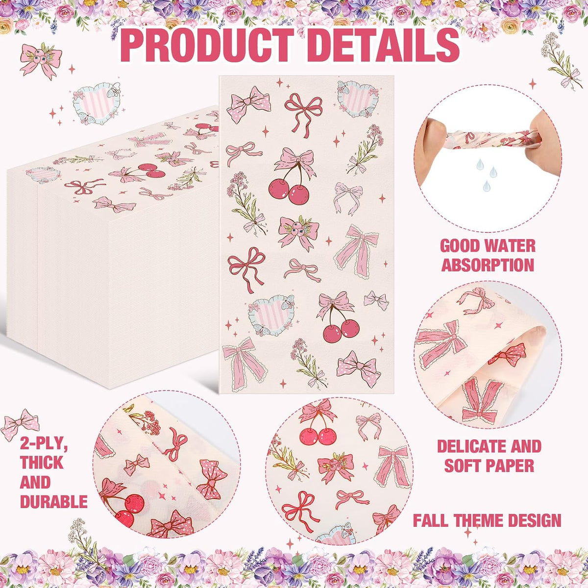 100 Pcs Pink Bow Napkins Paper Coquette Themed Party Supplies Cherry Bow Napkins Decorative Disposable Guest Towels for Spring Baby Shower Bachelorette Birthday Bridal Wedding Baby Shower Decor