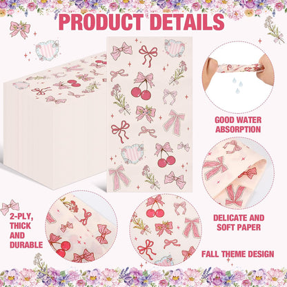 100 Pcs Pink Bow Napkins Paper Coquette Themed Party Supplies Cherry Bow Napkins Decorative Disposable Guest Towels for Spring Baby Shower Bachelorette Birthday Bridal Wedding Baby Shower Decor