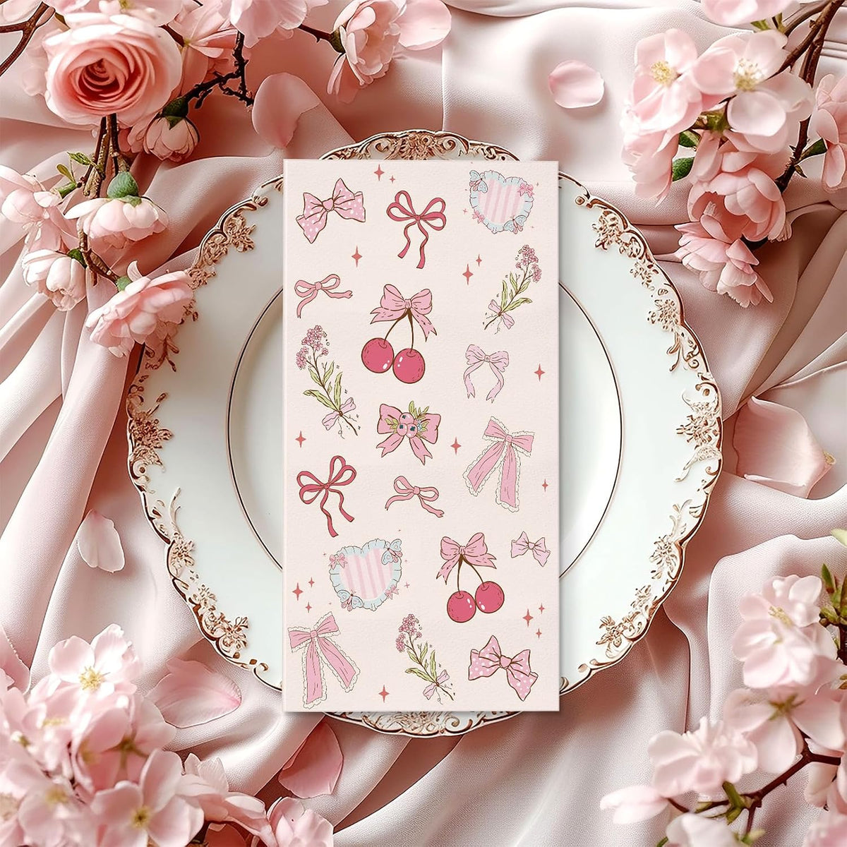100 Pcs Pink Bow Napkins Paper Coquette Themed Party Supplies Cherry Bow Napkins Decorative Disposable Guest Towels for Spring Baby Shower Bachelorette Birthday Bridal Wedding Baby Shower Decor