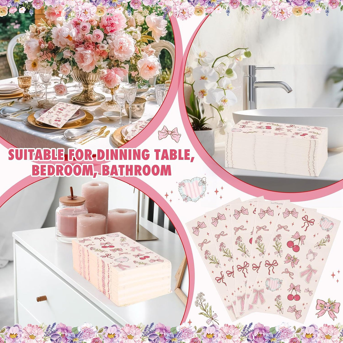 100 Pcs Pink Bow Napkins Paper Coquette Themed Party Supplies Cherry Bow Napkins Decorative Disposable Guest Towels for Spring Baby Shower Bachelorette Birthday Bridal Wedding Baby Shower Decor