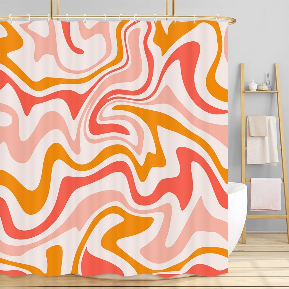 Cute Orange Shower Curtain, Boho Beige Pink Bath Curtain, Groovy Retro Spiral Swirl Pastel Vintage 70s 80s Minimal Teen Girls Aesthetic Abstract Wavy Bathroom Accessories with Hooks,72X72in
