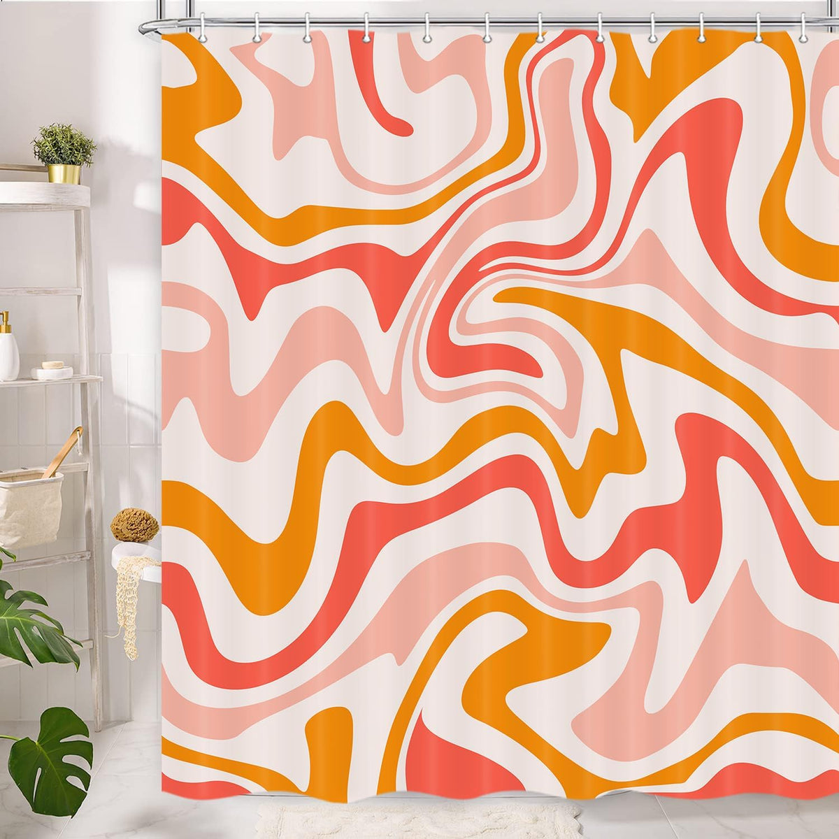 Cute Orange Shower Curtain, Boho Beige Pink Bath Curtain, Groovy Retro Spiral Swirl Pastel Vintage 70s 80s Minimal Teen Girls Aesthetic Abstract Wavy Bathroom Accessories with Hooks,72X72in