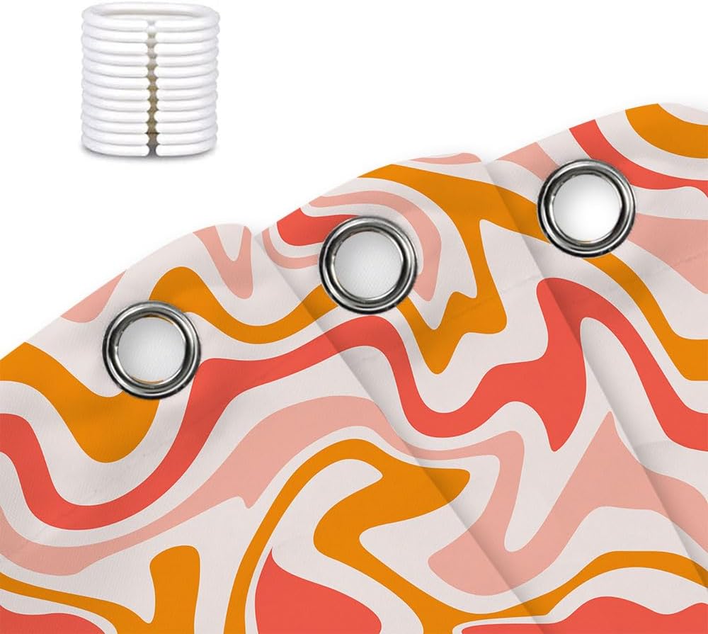 Cute Orange Shower Curtain, Boho Beige Pink Bath Curtain, Groovy Retro Spiral Swirl Pastel Vintage 70s 80s Minimal Teen Girls Aesthetic Abstract Wavy Bathroom Accessories with Hooks,72X72in