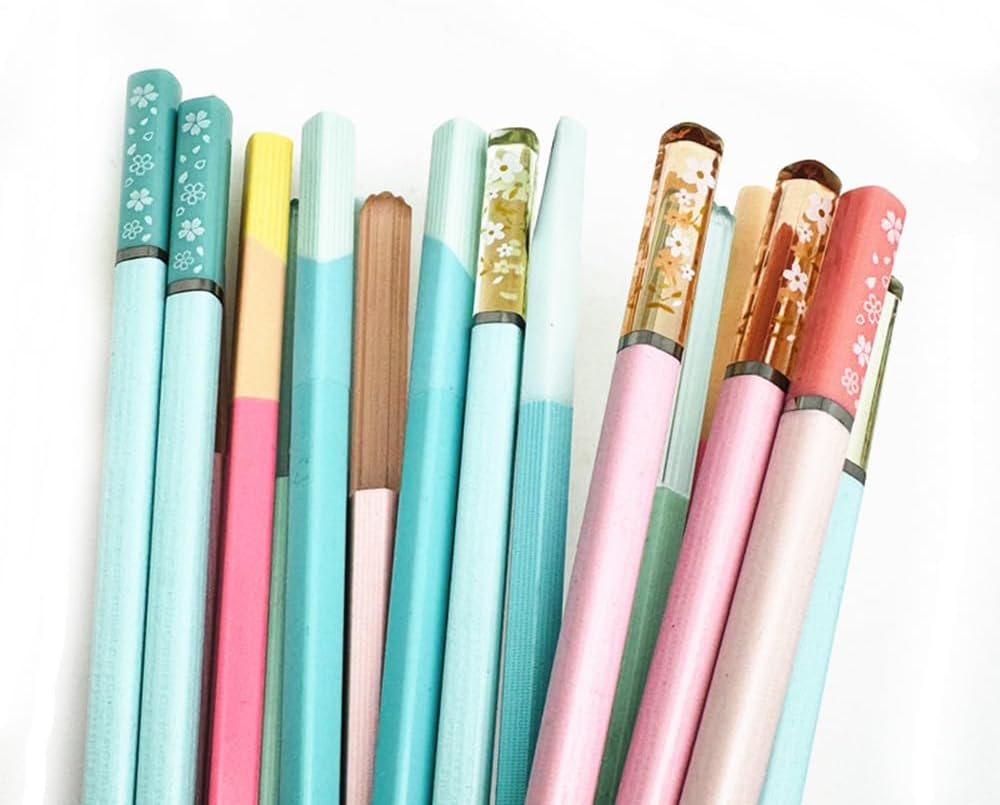 10Pairs Fiberglass Reusable Chopsticks, Non-Slip Teal Pink