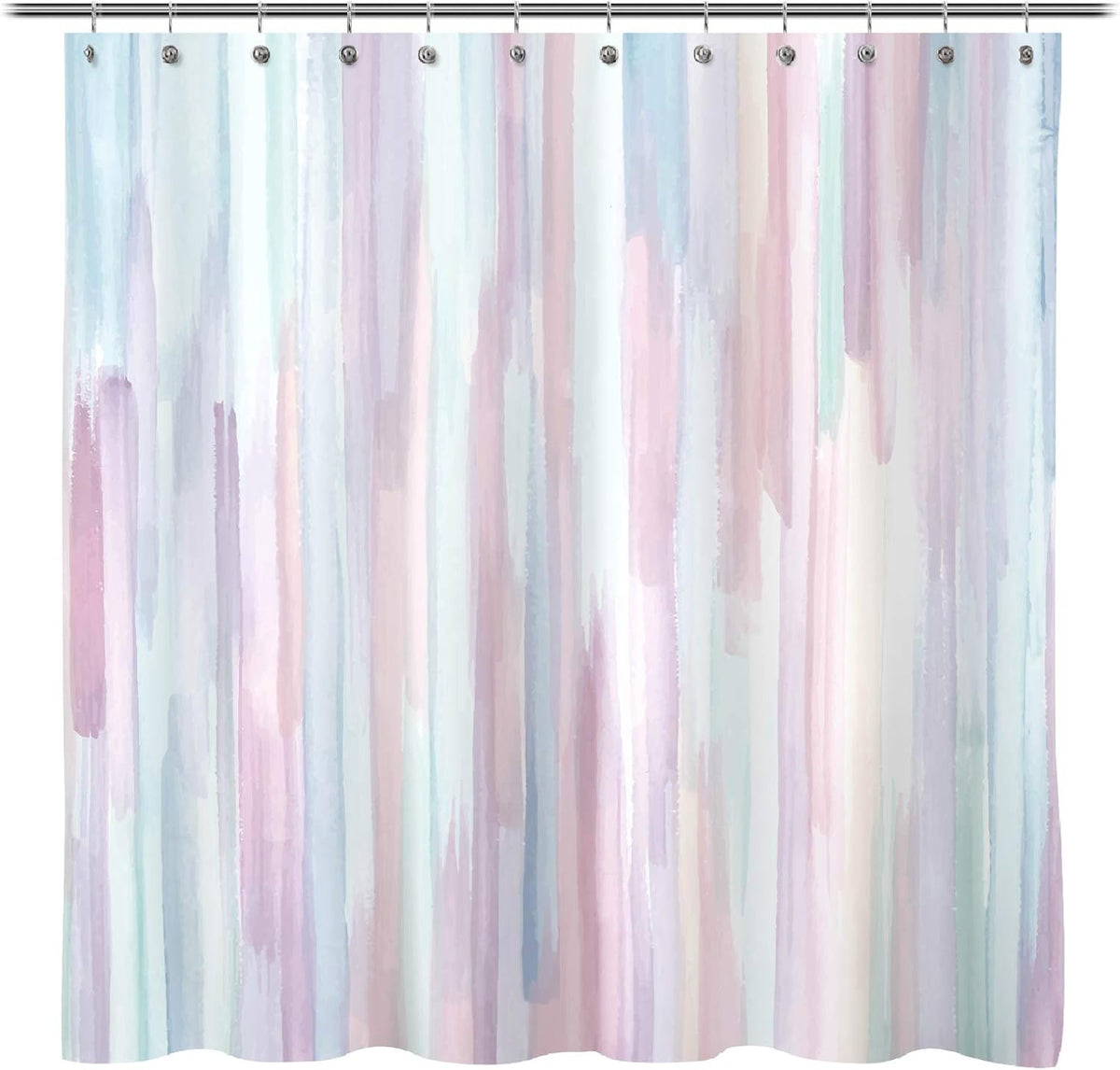 Design Watercolor Painting with Macaron Pink and Blue Fabric Shower Curtain, Gouache Style Bathroom Decoration Curtains, Machine Washable