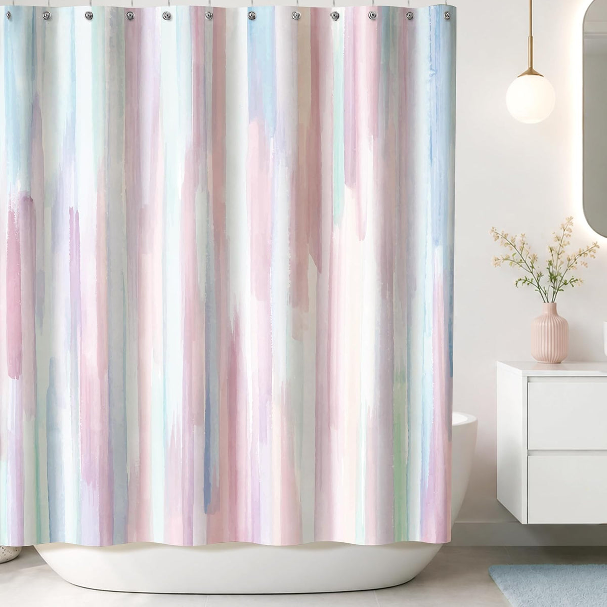 Design Watercolor Painting with Macaron Pink and Blue Fabric Shower Curtain, Gouache Style Bathroom Decoration Curtains, Machine Washable