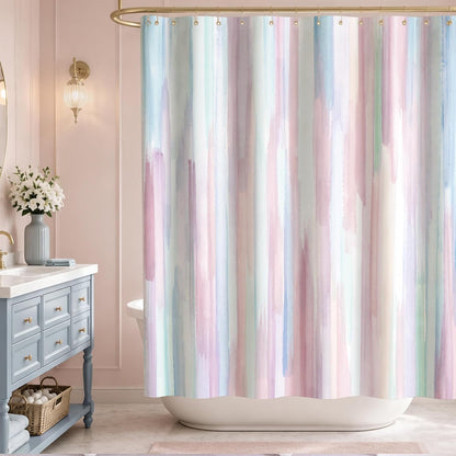Design Watercolor Painting with Macaron Pink and Blue Fabric Shower Curtain, Gouache Style Bathroom Decoration Curtains, Machine Washable