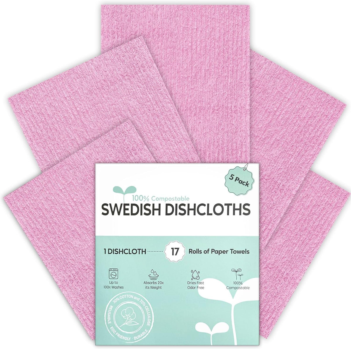 Swedish Dishcloths for Kitchen, 5 Pack Swedish Dish Cloths, Ultra Absorbent Reusable Paper Towels, Cellulose Sponge Cloths, Quick Drying, No Odor, Dishwasher Safe Pink
