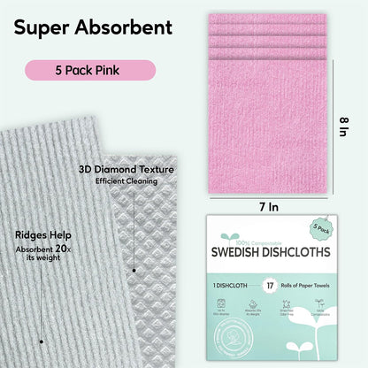 Swedish Dishcloths for Kitchen, 5 Pack Swedish Dish Cloths, Ultra Absorbent Reusable Paper Towels, Cellulose Sponge Cloths, Quick Drying, No Odor, Dishwasher Safe Pink