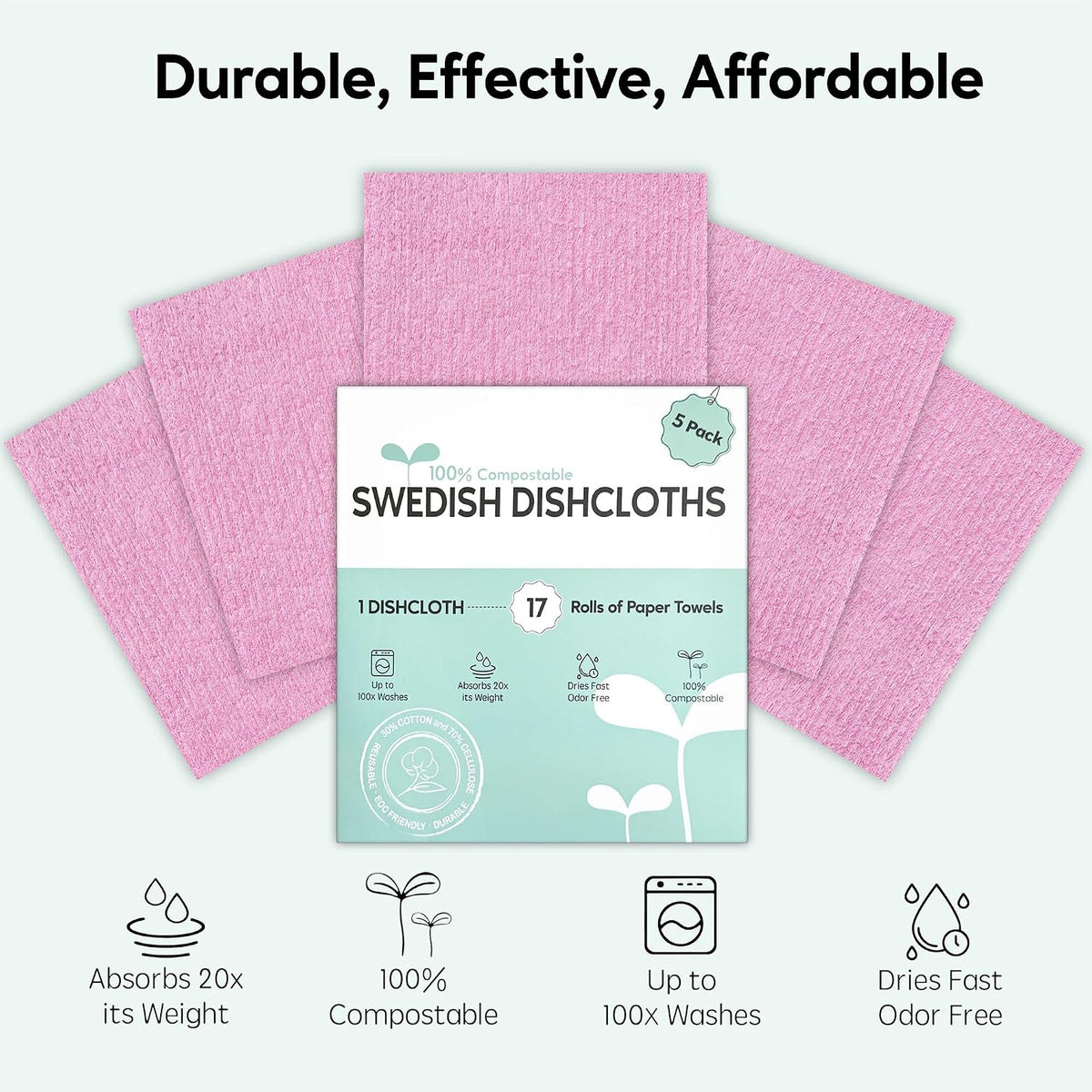 Swedish Dishcloths for Kitchen, 5 Pack Swedish Dish Cloths, Ultra Absorbent Reusable Paper Towels, Cellulose Sponge Cloths, Quick Drying, No Odor, Dishwasher Safe Pink