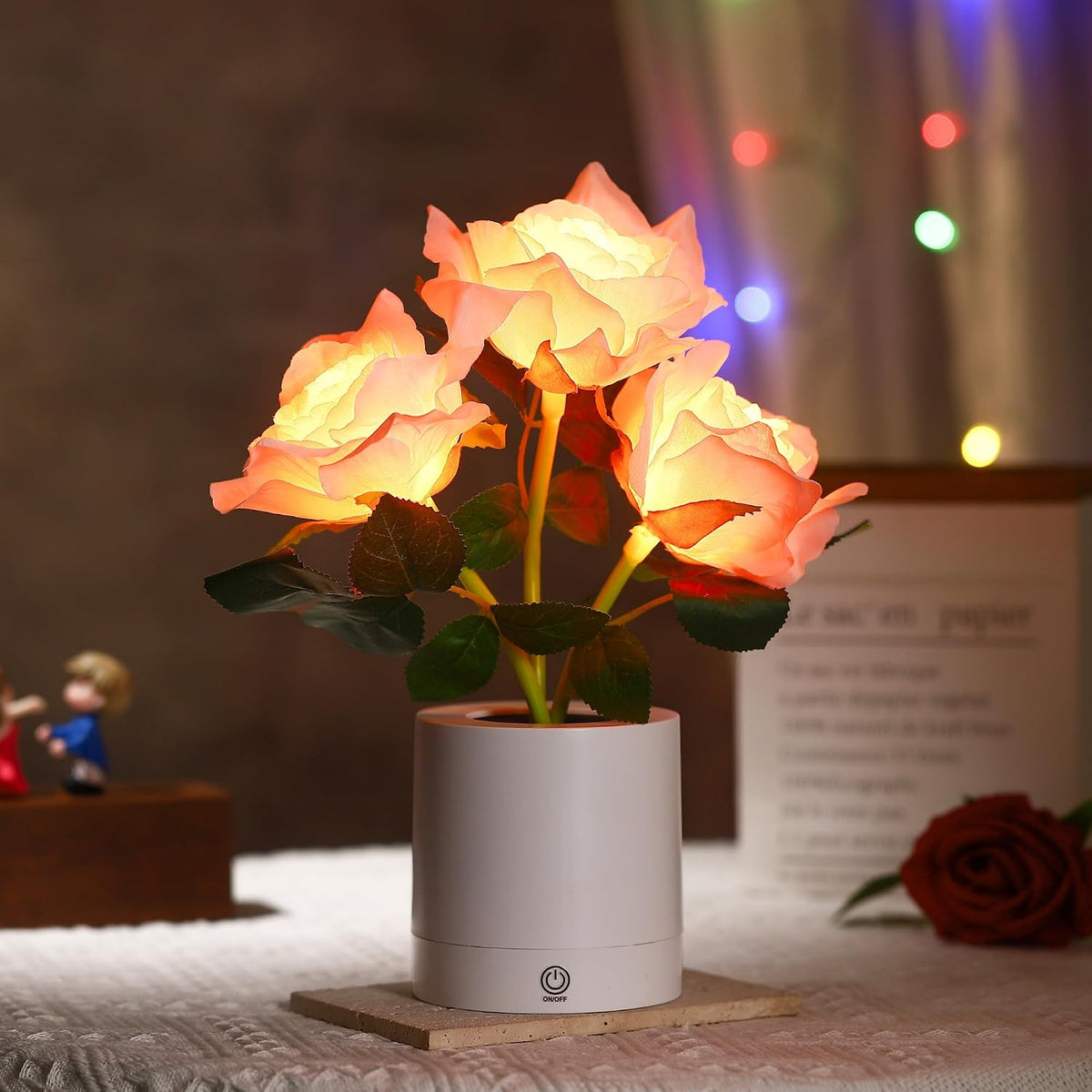 Pink Rose Flower Lamp, Valentines Day LED Artificial Flowers Gifts for Her Wife Girlfriend Small Table Lamp Night Light, Cordless Touch Lamp