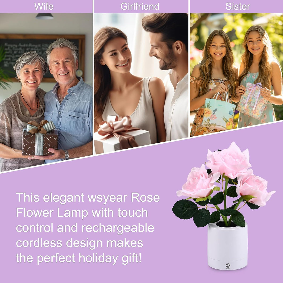Pink Rose Flower Lamp, Valentines Day LED Artificial Flowers Gifts for Her Wife Girlfriend Small Table Lamp Night Light, Cordless Touch Lamp