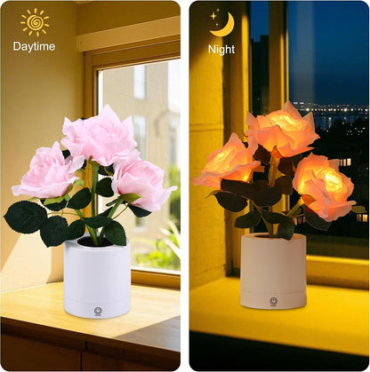 Pink Rose Flower Lamp, Valentines Day LED Artificial Flowers Gifts for Her Wife Girlfriend Small Table Lamp Night Light, Cordless Touch Lamp