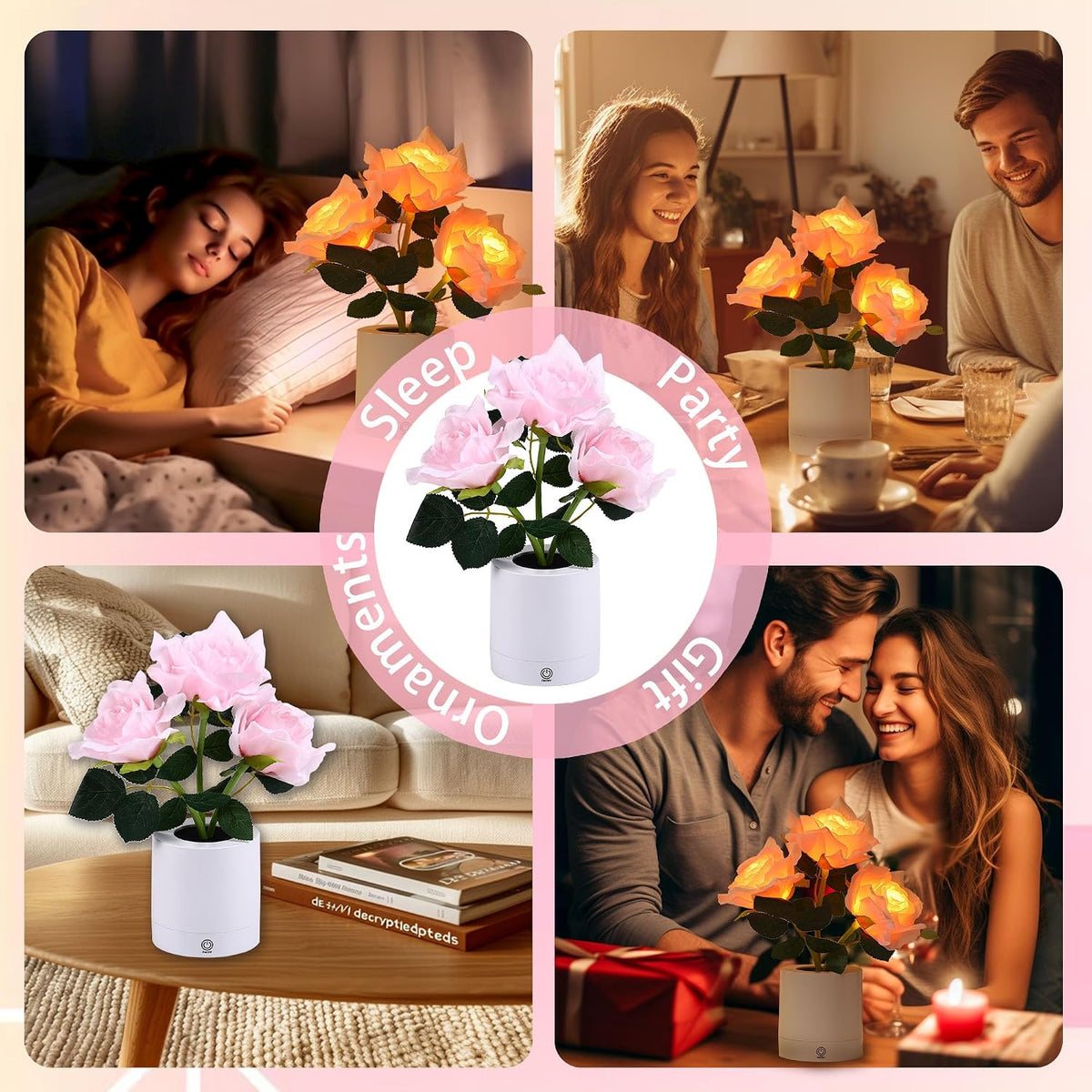 Pink Rose Flower Lamp, Valentines Day LED Artificial Flowers Gifts for Her Wife Girlfriend Small Table Lamp Night Light, Cordless Touch Lamp
