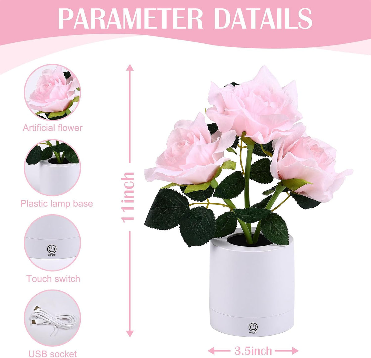 Pink Rose Flower Lamp, Valentines Day LED Artificial Flowers Gifts for Her Wife Girlfriend Small Table Lamp Night Light, Cordless Touch Lamp