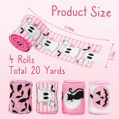Pink Halloween Wired Ribbon for Wreath Bows, 4 Rolls, 2.5″ Wide, 20 Yards Total, Pastel Girly Halloween Ghost Wired Ribbons for Crafts Supplies, Pumpkin Cat Ribbon Bow