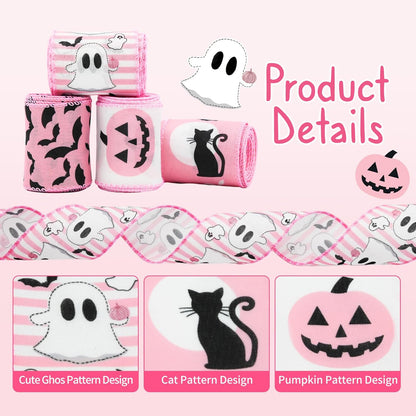 Pink Halloween Wired Ribbon for Wreath Bows, 4 Rolls, 2.5″ Wide, 20 Yards Total, Pastel Girly Halloween Ghost Wired Ribbons for Crafts Supplies, Pumpkin Cat Ribbon Bow