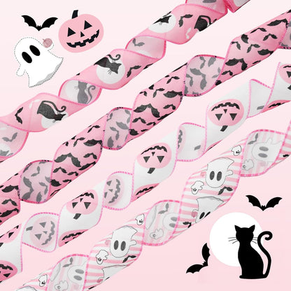 Pink Halloween Wired Ribbon for Wreath Bows, 4 Rolls, 2.5″ Wide, 20 Yards Total, Pastel Girly Halloween Ghost Wired Ribbons for Crafts Supplies, Pumpkin Cat Ribbon Bow
