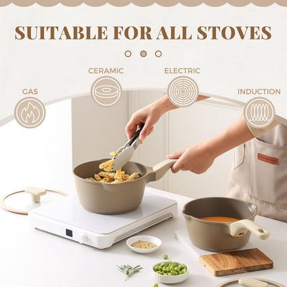 Nonstick Saucepan Set with Lids, 2QT and 2.7QT Sauce Pan Set, Non Toxic Sauce Pots with Pour Spouts for Multipurpose Use, PFOA Free, Induction Compatible Apricot