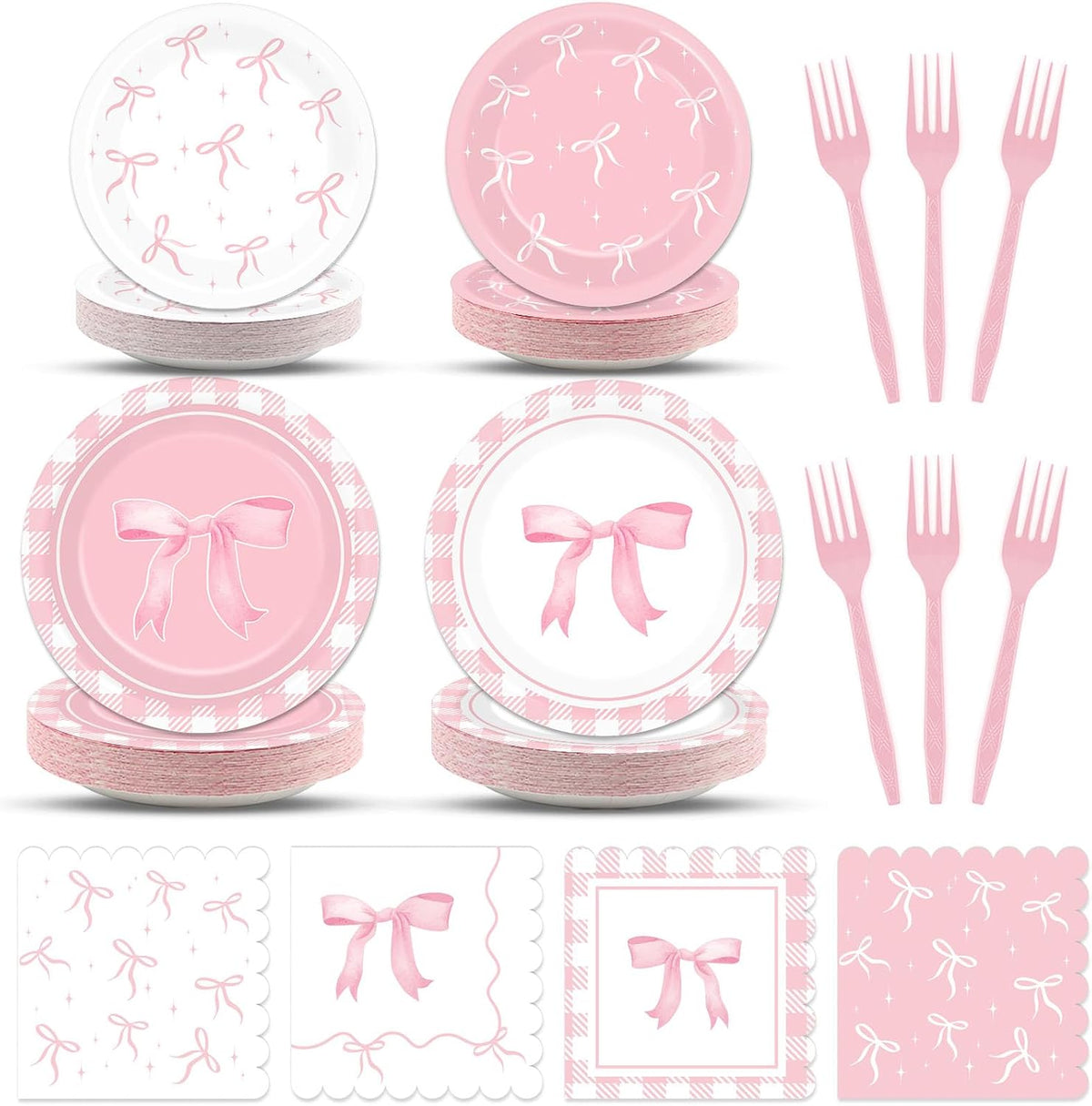 96pcs Pink Bow Party Supplies Bow Birthday Party Plates and Napkins Pink Bows Decorations for Girl Bachelorette Bridal Engagement Baby Shower Cute Tableware Dinnerware Serves 24 Guests