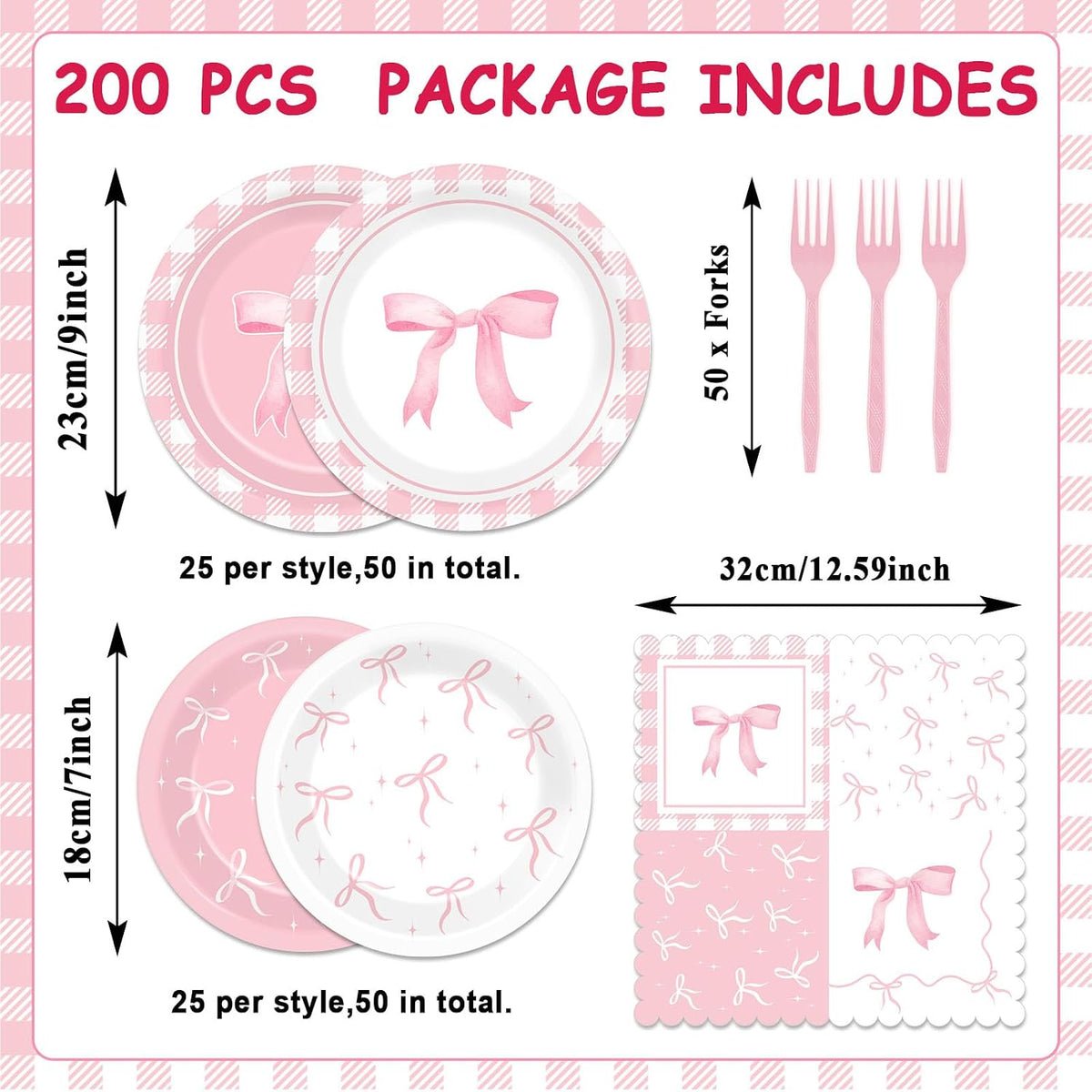 96pcs Pink Bow Party Supplies Bow Birthday Party Plates and Napkins Pink Bows Decorations for Girl Bachelorette Bridal Engagement Baby Shower Cute Tableware Dinnerware Serves 24 Guests