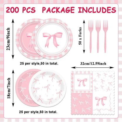 96pcs Pink Bow Party Supplies Bow Birthday Party Plates and Napkins Pink Bows Decorations for Girl Bachelorette Bridal Engagement Baby Shower Cute Tableware Dinnerware Serves 24 Guests