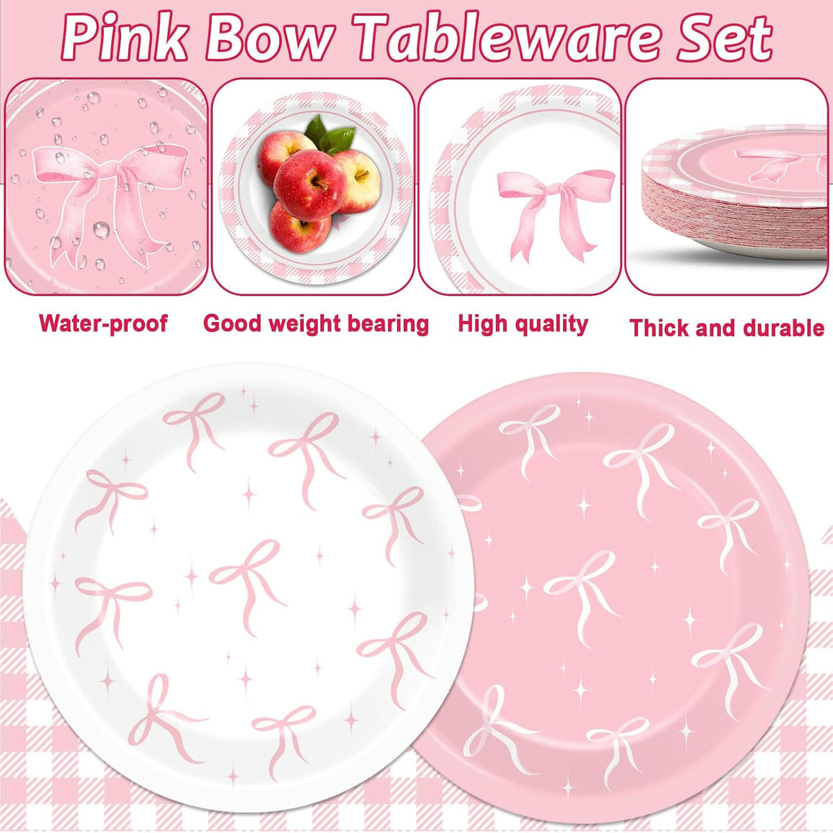 96pcs Pink Bow Party Supplies Bow Birthday Party Plates and Napkins Pink Bows Decorations for Girl Bachelorette Bridal Engagement Baby Shower Cute Tableware Dinnerware Serves 24 Guests