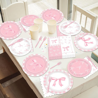 96pcs Pink Bow Party Supplies Bow Birthday Party Plates and Napkins Pink Bows Decorations for Girl Bachelorette Bridal Engagement Baby Shower Cute Tableware Dinnerware Serves 24 Guests