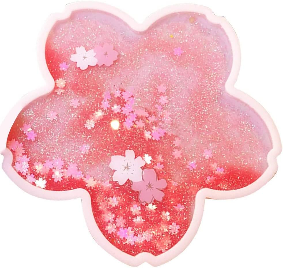 Coaster Cup Mat Heat-Resistant Cup Pad Glitter Sakura Shape with Quicksand Reusable for Drink Table Kitchen Pink