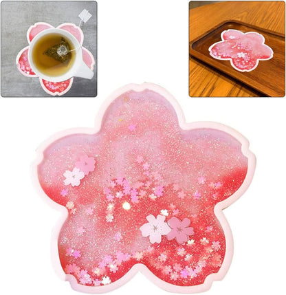 Coaster Cup Mat Heat-Resistant Cup Pad Glitter Sakura Shape with Quicksand Reusable for Drink Table Kitchen Pink