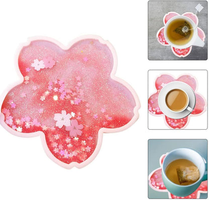 Coaster Cup Mat Heat-Resistant Cup Pad Glitter Sakura Shape with Quicksand Reusable for Drink Table Kitchen Pink