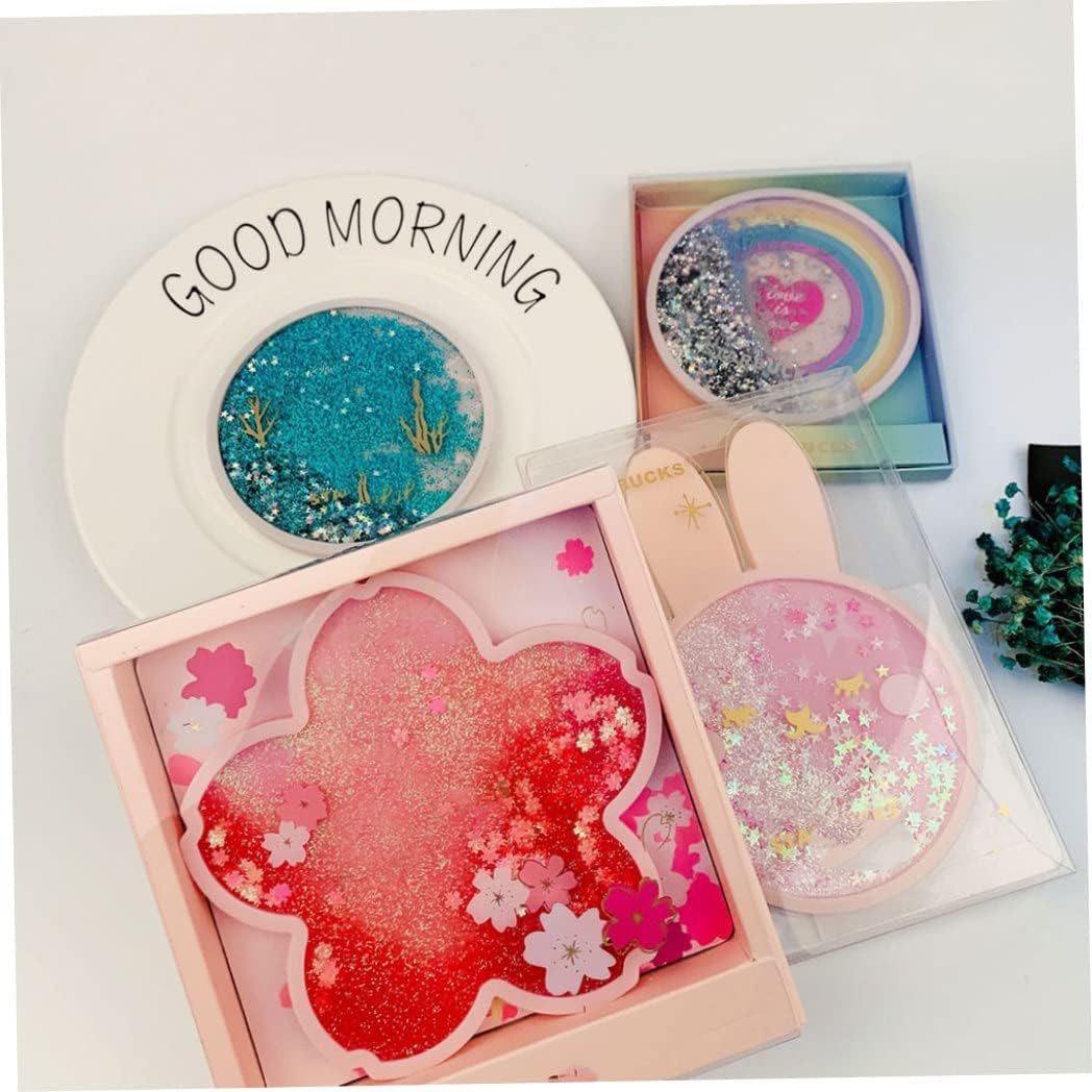 Coaster Cup Mat Heat-Resistant Cup Pad Glitter Sakura Shape with Quicksand Reusable for Drink Table Kitchen Pink