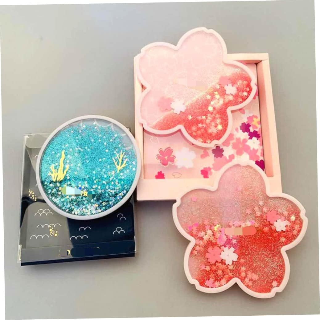 Coaster Cup Mat Heat-Resistant Cup Pad Glitter Sakura Shape with Quicksand Reusable for Drink Table Kitchen Pink