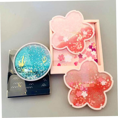 Coaster Cup Mat Heat-Resistant Cup Pad Glitter Sakura Shape with Quicksand Reusable for Drink Table Kitchen Pink